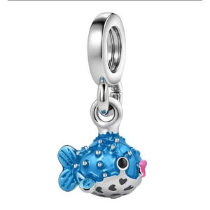 Women's Blue Silver Puffer Fish Charm Bracelet One Size